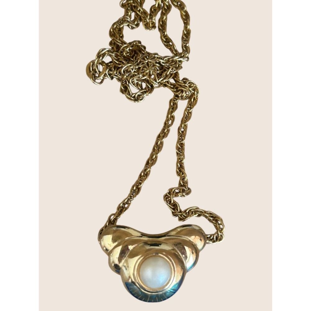 VTG GOLD TONE FAUX PEARL COBOCHON SLIDER STYLE MODERNIST SCULPTURAL 80s DOES 50s